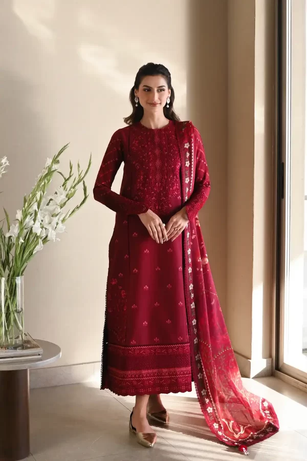 Zahra 3- Maroon Luxury Embroidered Lawn Set