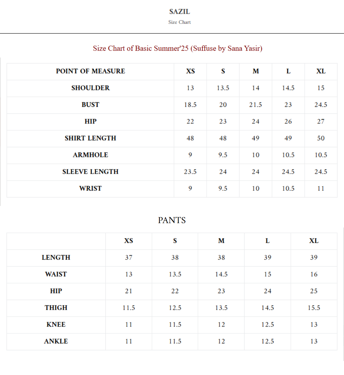 Size Chart