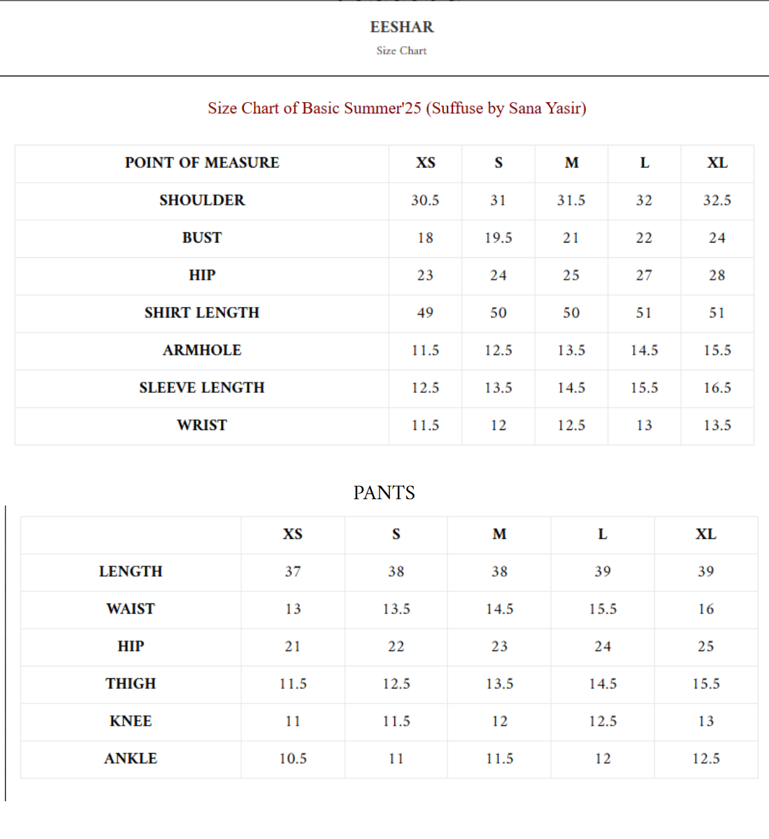 Size Chart