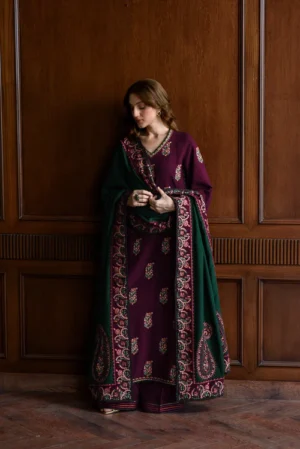 DEEP PLUM LUXURY EMBROIDERED KARANDI SET