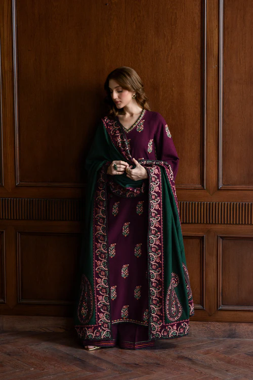 DEEP PLUM LUXURY EMBROIDERED KARANDI SET