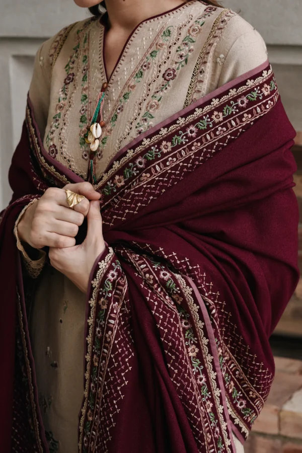 BEIGE & BURGUNDY LUXURY EMBROIDERED KARANDI SET - Image 2