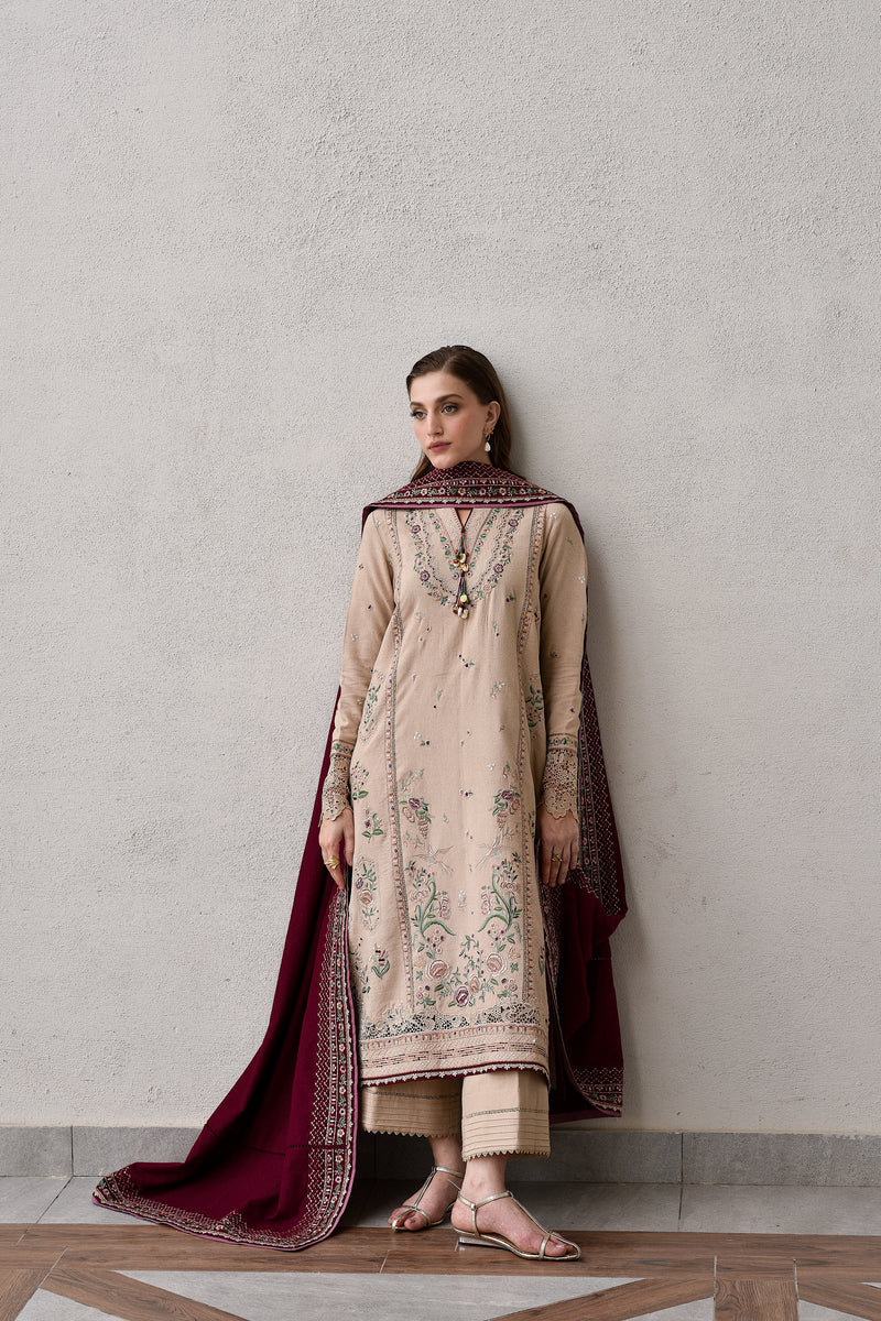 BEIGE & BURGUNDY LUXURY EMBROIDERED KARANDI SET